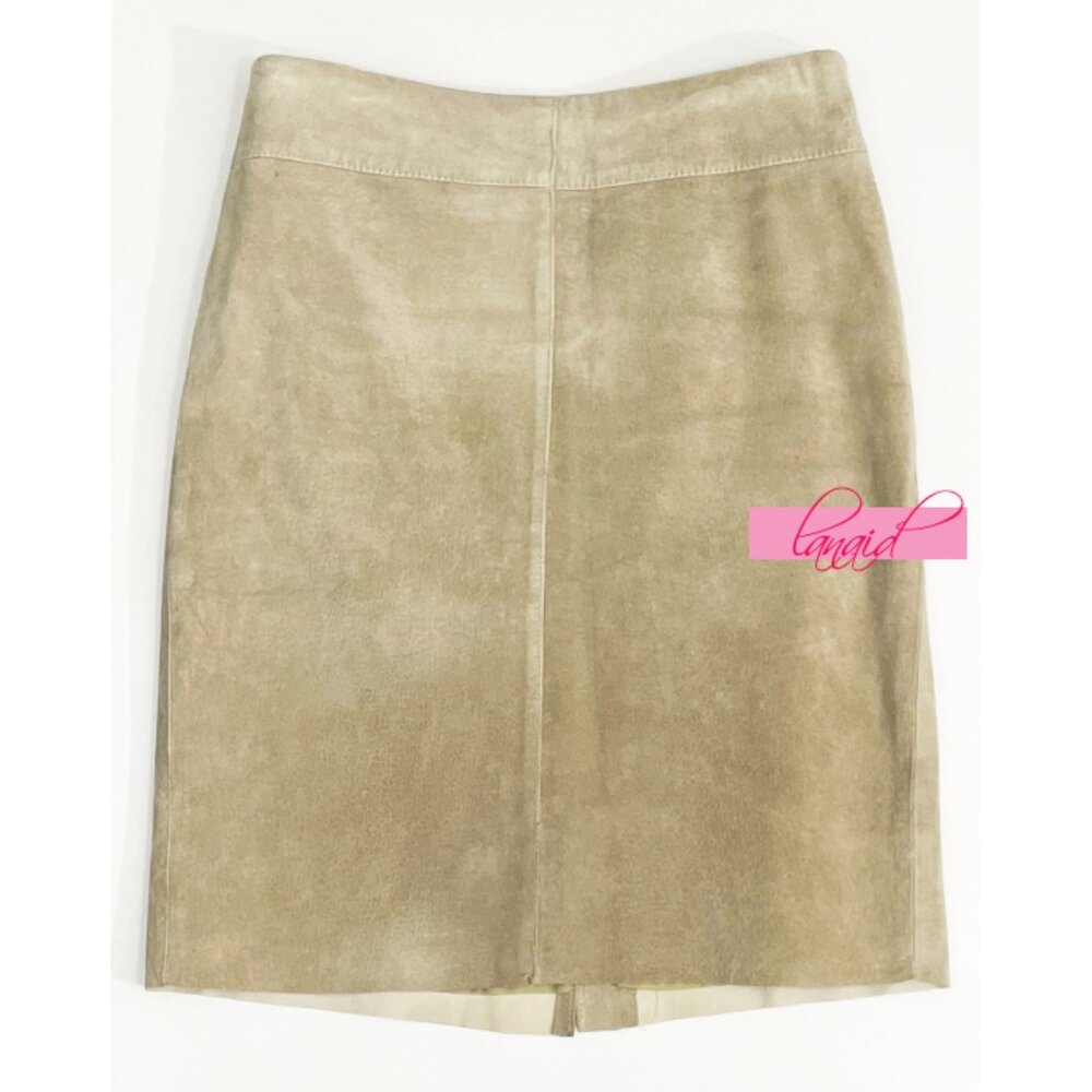 Express 100% Leather Suede Taupe Neutral Distressed Vintage Y2K Pencil Skirt 1/2